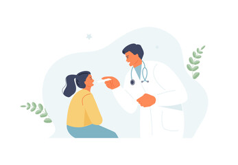 Kind doctor pediatrician checks the throat of a little girl. Child health and prevention. Vector illustration