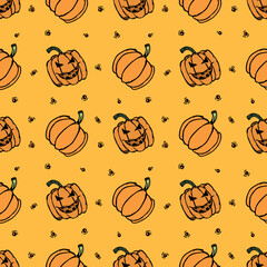 Seamless halloween pumpkin pattern. Halloween background with scary pumpkin