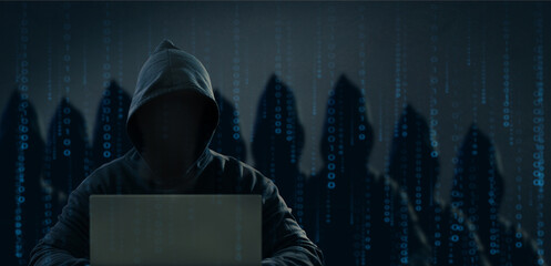 Dangerous anonymous hackers are using laptops for identity theft, internet, cybercrime. Cyber...