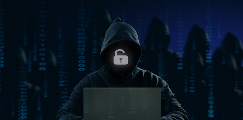 Dangerous anonymous hackers are using laptops for identity theft, internet, cybercrime. Cyber attack, destruction and malware concept. Blackout. Digital binary code on background.