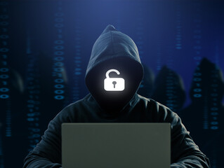 Dangerous anonymous hackers are using laptops for identity theft, internet, cybercrime. Cyber...