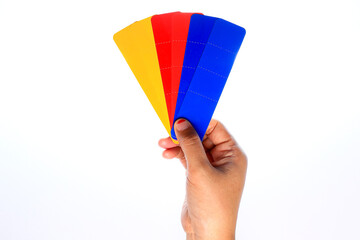 Fototapeta premium Colored samples of different papers on isolated white background. Color trend palette. free space.
