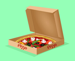 Realistic vegetarian pizza in box Italian food delivery drawing in flat style