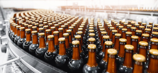Brown glass beer drink alcohol bottles, factory brewery conveyor. Modern food production line with sun light