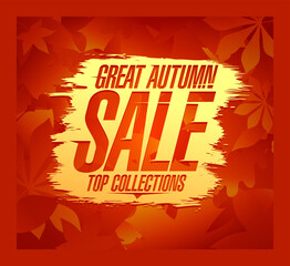 Great autumn sale, top collections banner design with maple leaves and golden stroke