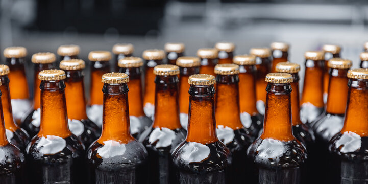 Banner Set Brown Bottles With Beer On Conveyor Line. Concept Brewery Production Industry Food Factory Manufacturing
