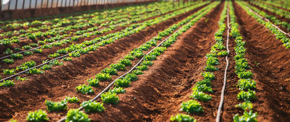 Banner agriculture farm. Green lettuce sprouts in greenhouse, irrigation hoses between rows of beds - obrazy, fototapety, plakaty