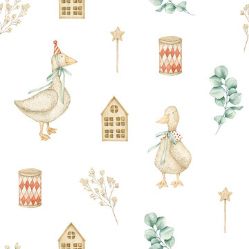 Watercolor seamless pattern with toys, goose, stars, flowers, eucalyptus, house. Isolated on transparent background. Hand drawn clipart. Perfect for card, fabric, tags, invitation, printing, wrapping.
