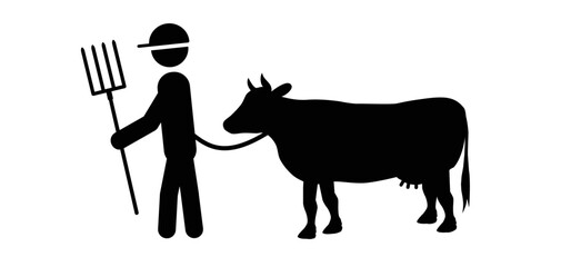 Stick figures or stickman farmer. Cartoon drawing black cow. Vector cow, meadow silhouette. farm animals. Cattle icon or pictogram