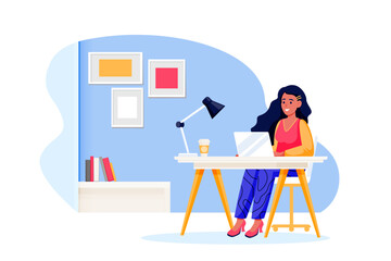 Woman works on laptop in home or in office. Vector illustration. Online education or remote computer work concept