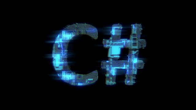 abstract glitch cybernetical text C# glowing blue electrical light, isolated