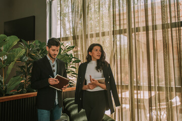Business partners standing at the cafe in the city