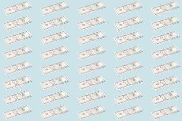 Creative background - dollar banknotes on a light mint background in even rows - an image on the theme of finance or business