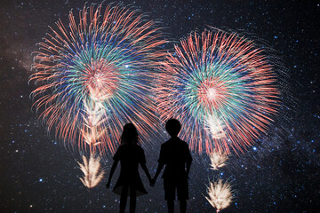 Fototapeta na wymiar 満天の星空の下、花火を見つめるカップルのシルエット。 