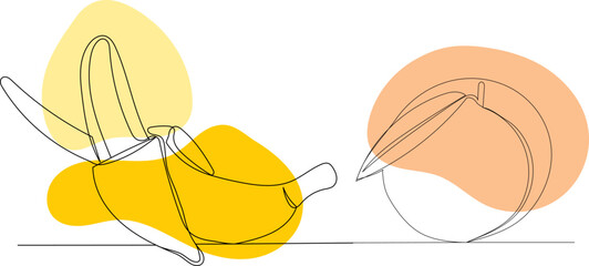 banana and peach drawing by one continuous line vector