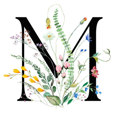 Black capital letter M with watercolor wildflowers and leaves bouquet isolated