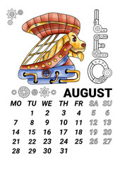 Calendar page for August 2023, decorated with a watercolor zodiac sign leo in the form of an airship and gears in steampunk style