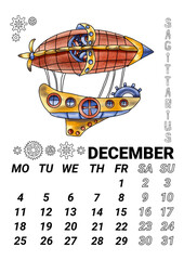 Calendar page for December 2023, decorated with a watercolor zodiac sign Sagittarius in the form of an airship and gears in steampunk style