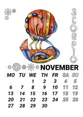 Obraz premium Calendar page for November 2023, decorated with a watercolor zodiac sign scorpio in the form of an airship and gears in steampunk style