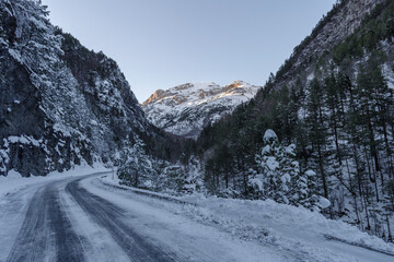 Snowy mountain road in Ligurian Alps, Italy