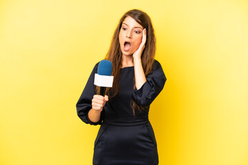 pretty caucasian woman feeling happy, excited and surprised. tv presenter concept