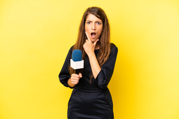 pretty caucasian woman with mouth and eyes wide open and hand on chin. tv presenter concept