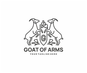 Goats in heraldry logo design. Coat of arms royal emblem shield with animal vector design. Luxury goat crest heraldry logotype