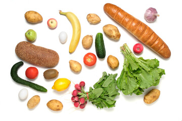 Food, fruits and vegetables on a white background.