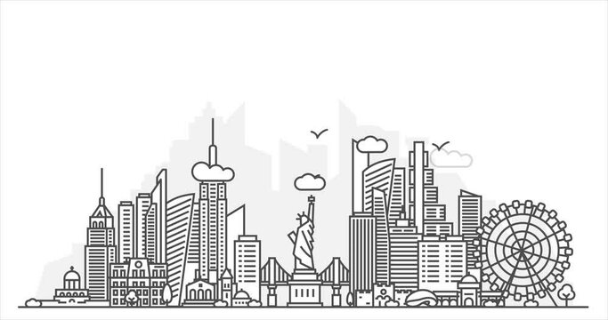 New York, USA architecture line skyline animation. Linear vector cityscape with famous landmarks, city sights, design icons. Landscape with clouds and birds. Space for text.