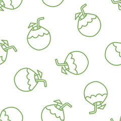 Seamless pattern with green outline coconut drink.