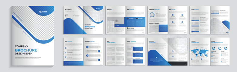16 pages brochure template, corporate business booklet.
Simple style and modern layout, bifold brochure.