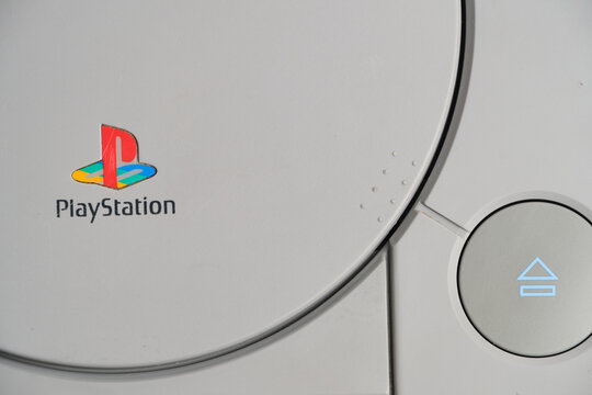 Kostanay, Kazakhstan, 2022. Old retro sony playstation game console.