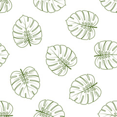 Seamless pattern with green hand drawn monstera leaves.