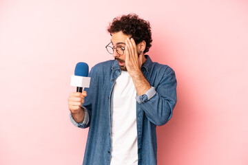 crazy bearded man feeling happy, excited and surprised. presenter with a microphone concept