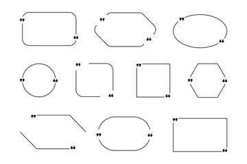 Quote frame set. Geometric black geometric box collection with double comma sign, bubble speech and quotation place. Blank template for comment or message, creative banner vector isolated set