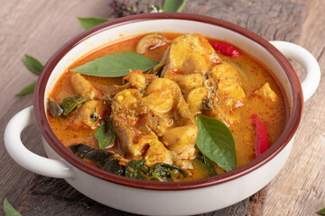 Catfish Curry. Thai food on dark background. Traditional food concept. Top View, Flat Lay, Copy Space