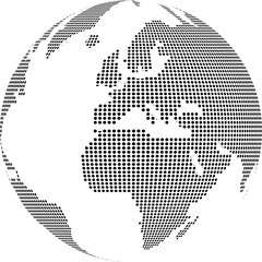 Globe focuses on Europe. ,circular world, digital dot pattern