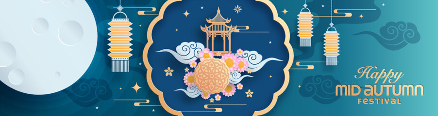 Mid autumn festival paper art style with full moon, moon cake, chinese lantern and rabbits on background. © Chef Kai Vector