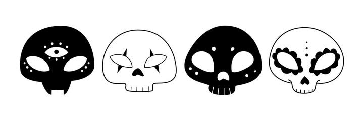 Skull. A set of different cute skulls for Halloween. Vector illustration hand-drawn in doodle style
