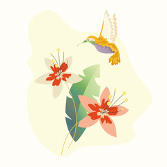 hummingbird flying over delicate tropical flowers
