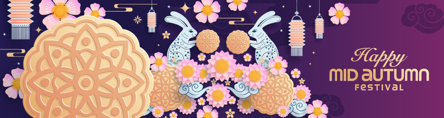 Mid autumn festival paper art style with full moon, moon cake, chinese lantern and rabbits on background. © Chef Kai Vector