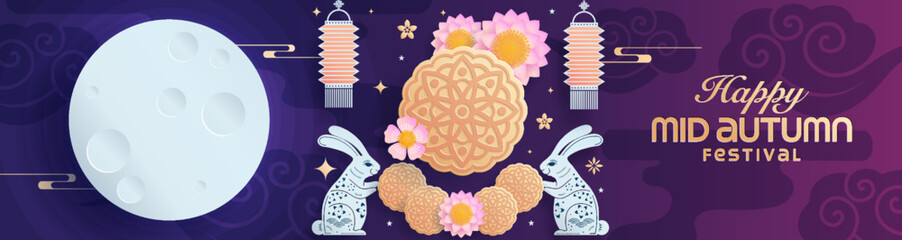 Mid autumn festival paper art style with full moon, moon cake, chinese lantern and rabbits on background. © Chef Kai Vector