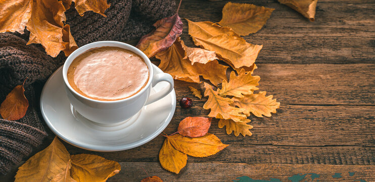 Autumn background with coffee mug and foliage. Cozy autumn composition. Side view, copy space