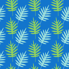 Seamless pattern of Lauae fern leaves on blue background