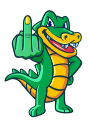 Crocodile cartoon with a smile and Middle finger offensive gesture. Fuck you concept. Vector illustration