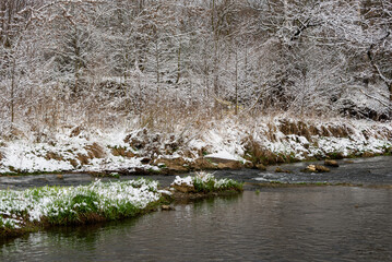 Bielsko-Biała, dopływ Wisły, wczesna wiosna, brzeg rzeki odbijający się w wodzie, śnieg,...