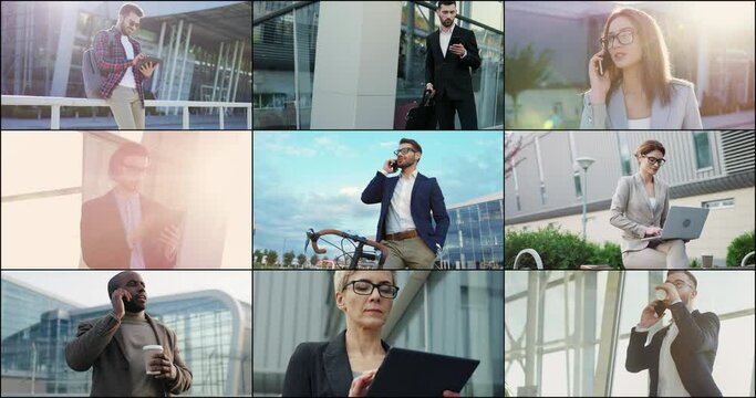 Close up of many people outdoors using gadgets. Business style. Businessmen in suits texting and calling on mobile phone. woman typing on laptop. technology era. City lifestyle. Collage compilation