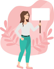 Woman with a poster, protest for their rights and feminism. Vector illustration in flat cartoon style.