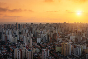 Aerial View of Sao Paulo Skyline and Aclimacao neighborhood at sunset - Sao Paulo, Brazil
