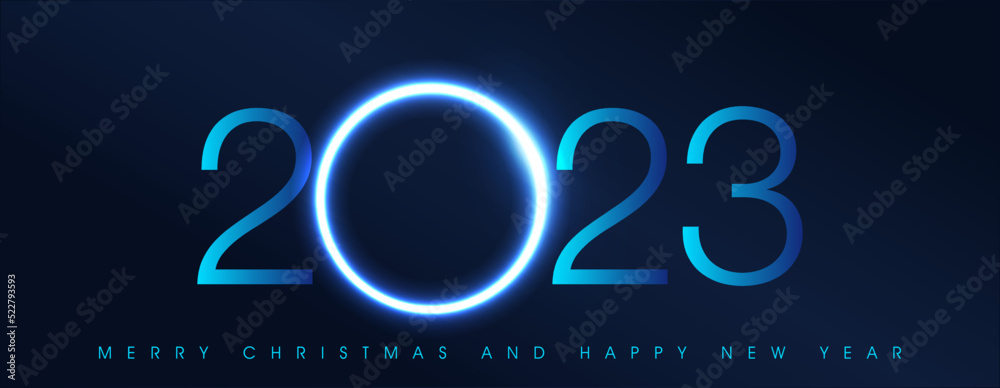 Poster merry christmas and happy new year 2023 neon glowing light design background with place for text